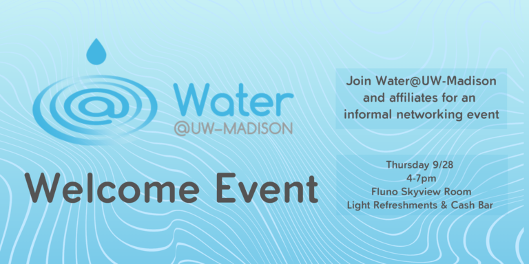 blue background, text details the Welcome Event details