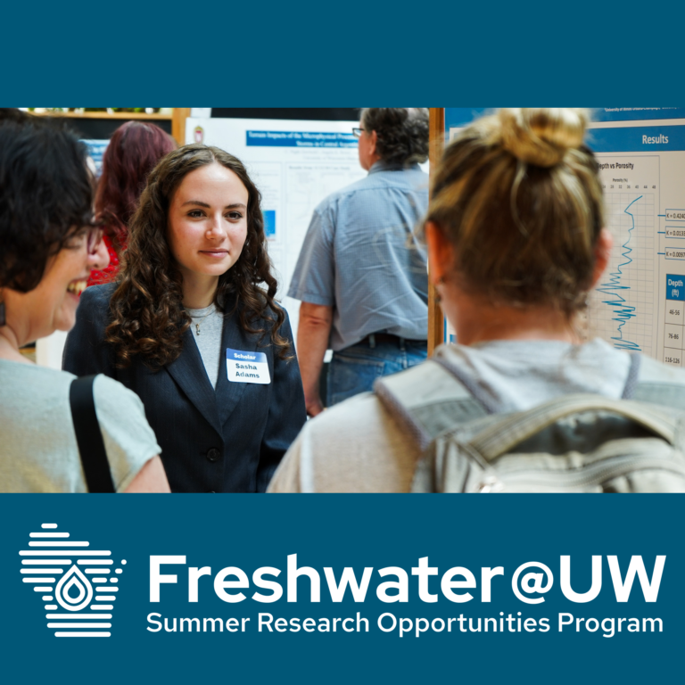 Three women discuss water research at an undergraduate summer research Symposium.