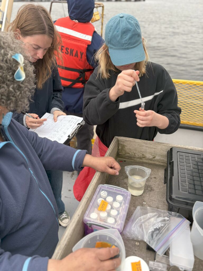 Students test water chemistry onboard the Neeskay