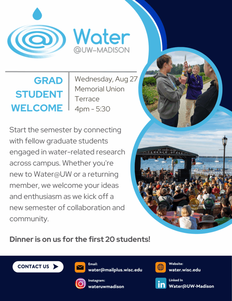 Invitation to welcome event showing photos of the Memorial Union Terrace and students conducting water research