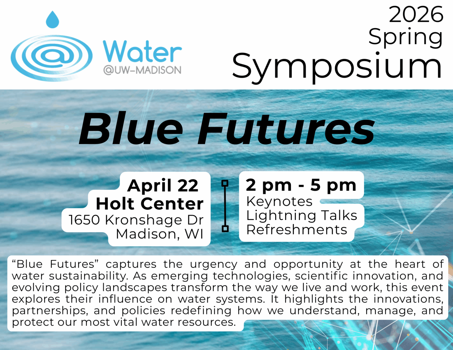 Flyer advertising 2026 Spring Symposium, Blue Futures