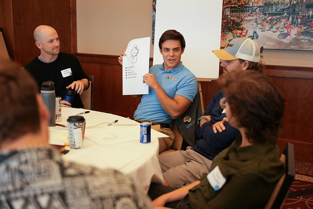 Showing off a self-portrait at the Water Partnership Workshop