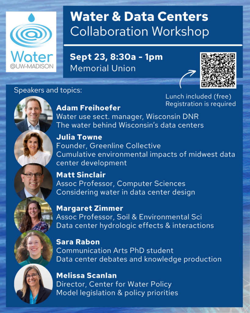 Flyer for water & data centers workshop featuring 6 lightning talk speakers